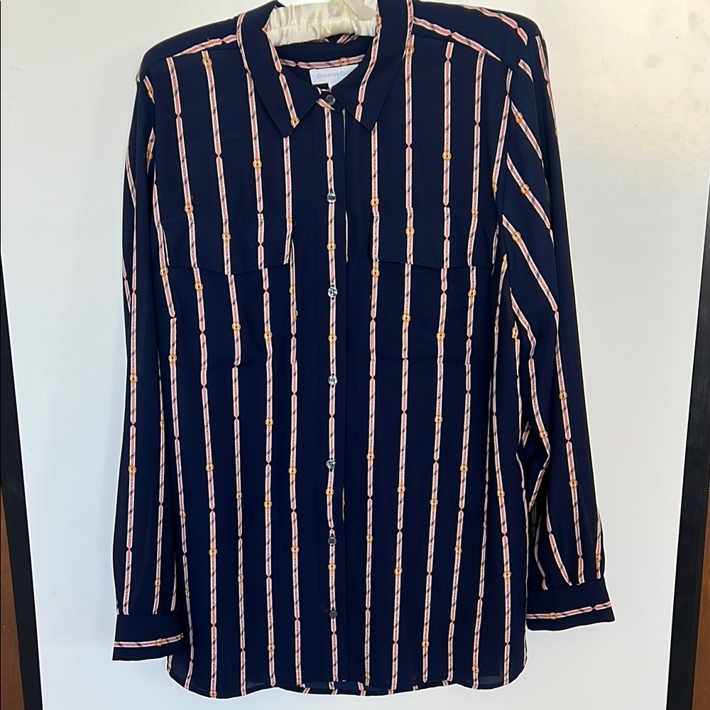 Charter Club Blue and Pink Striped Long-Sleeved Blouse